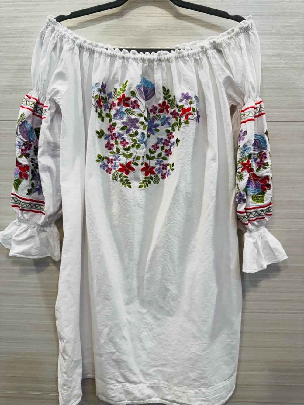 Glocam White Cotton Off-Shoulder Embroidered Floral Mini Dress Long Sleeve